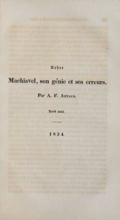 Ueber Machiavel, son génie et ses erreurs
