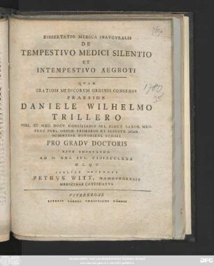 Dissertatio Medica Inavgvralis De Tempestivo Medici Silentio Et Intempestivo Aegroti