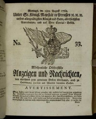 No. 33. Montags, den 18ten August 1760.