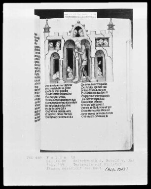 Rudolf von Ems, Weltchronik — Simson zerbricht das Haus, Folio 199recto