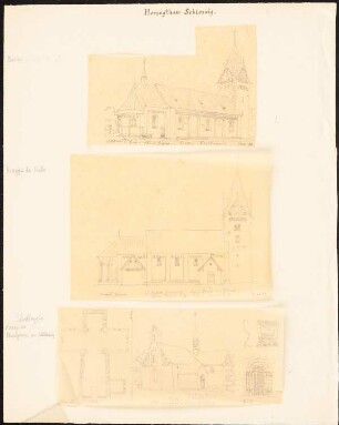 St. Wittehad-Kirche, Bröns / St. Andreas-Kirche, Roager / Kirche, Skodburg: Durchzeichnungen, drei Blätter: Perspektivische Seitenansicht der Kirche in Bröns (nach Trap 90), Aufriss S. Andreas (nach Trap 84), Grundriss, perspektivische Ansicht, Details (Portal, Gesims) der Kirche in Schottburg, Maßstabsleiste (Alen)