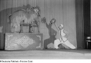 Tänzer des chinesischen Jugend-Kunst-Ensembles in aufwendiger Kostümierung beim "Löwentanz"