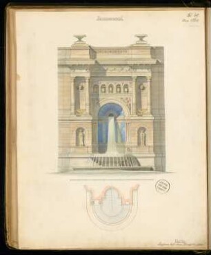 Brunnenwand Monatskonkurrenz Mai 1874: Grundriss, Aufriss Vorderansicht; Maßstabsleiste