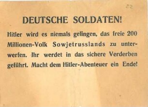 Sowjetisches Propagandaflugblatt "Deutsche Soldaten! Hitler wird es niemals gelingen...."