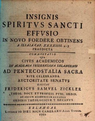 Insignis spiritvs sancti effvsio in novo foedere obtinens a Iesaia cap. XXXXIIII. 2-5 praedicta : commentatio prima ...