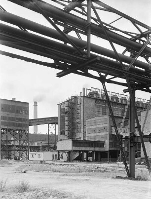 Brikettfabrik "Schwarze Pumpe" : Schwarze Pumpe. Braunkohlenveredlungskombinat "Schwarze Pumpe". Brikettfabrik West (1957/1959, 1996/1999 Demontage). Gebäude des Trockendienstes mit 16 Röhrentrocknern und Rohrbrücke