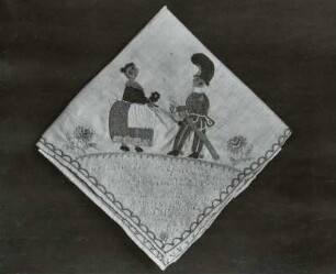 Taschentuch mit bunter Seidenstickerei: Liebespaar (Soldat mit Köchin)