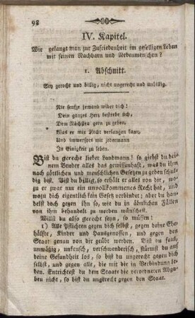 IV. Kapitel. Wie gelangt man zur Zufriedenheit im geselligen Leben mit seinen Nachbarn und Nebenmenschen?
