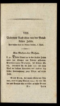 VIII. Valentyns Nachrichten von den Molukkischen Inseln. Aus dessen Oud en Nieuw Indien, I. Theil