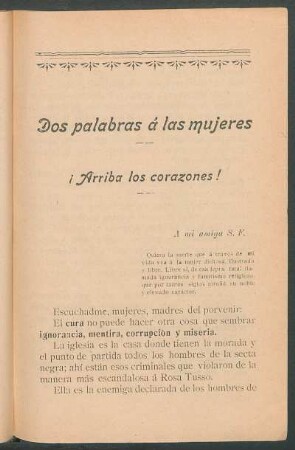 Dos palabras á las mujeres : ¡Arriba a los corazones!
