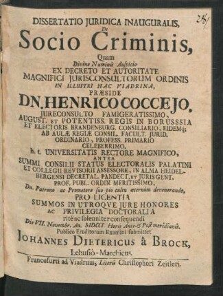 Dissertatio Iuridica Inauguralis, De Socio Criminis