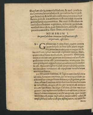Membrum I. In quo Calidum innatum Substantiam esse corpoream, afferitur.