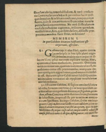 Membrum I. In quo Calidum innatum Substantiam esse corpoream, afferitur.