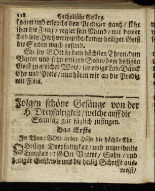Folgen schöne Gesänge von der H. Dreyfaltigkeit/ welche auff die Sonntag gar füglich zu singen.