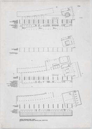 Bauwettbewerb Amerika-Gedenkbibliothek/Berliner Zentralbibliothek, AGB, 1. Phase (nicht realisiert) – Grundrisse UG, EG, Zwischengeschoss, 1. OG. Berlin-Kreuzberg, Blücherplatz 1