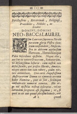 Perillustres, Reverendi, Religiosi, Prænobiles, Nobiles, ac Eruditi Domini, Domini Neo-Baccalaurei.