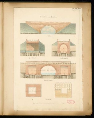 Gewölbte Eisenbahnbrücke Monatskonkurrenz Mai 1870: 3 Grundrissausschnitte, Aufriss Seitenansicht, Längsschnitt, 2 Querschnitte; Maßstabsleiste