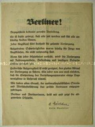 Faltblatt mit Information über die Einführung von Bezugsscheinen für Nahrungsmittel, Kleidung und Haushaltswaren, ausgegeben einen Tag vor Beginn des 2. Weltkrieges