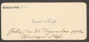 Visitenkarte mit hs. Adress- und Datumsangabe von Emil Kross