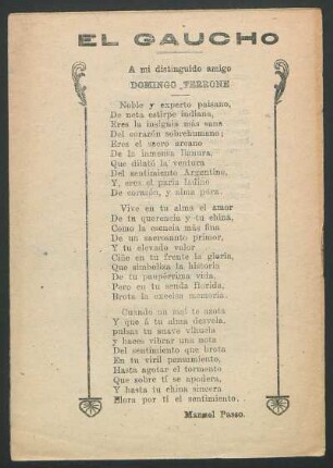 El gaucho : A mi distinguido amigo Domino Terrone