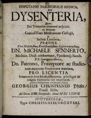 Disputatio Inauguralis Medica, De Dysenteria