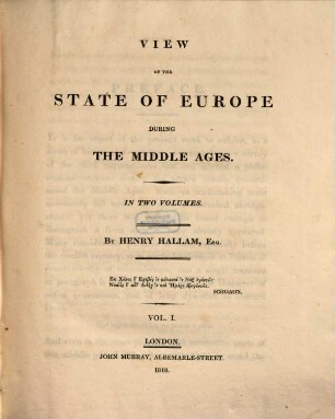 View of the state of Europe during the Middle ages, 1