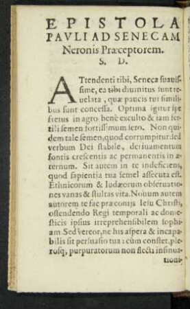 Epistola Pauli Ad Senecam Neronis Praeceptorem. S. D.