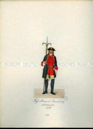 Uniformdarstellung, Artillerist, 1717. Aus: Sammelmappe "Sachsens Militär", Königliche Arsenalsammlung.