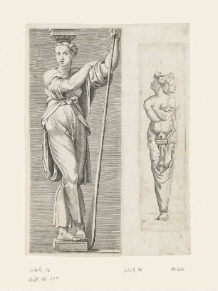 Karyatide mit Ruder sowie doppelte Karyatide mit Masken an den Hüften und einem Standfuß, Blatt 1 der Folge "Hermen und Karyatiden"