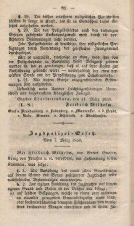 Jagdpolizei-Gesetz. Vom 7. März 1850.