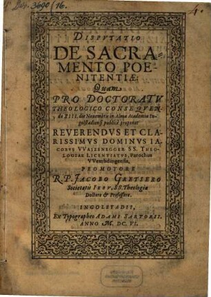 Dispvtatio De Sacramento Poenitentiae