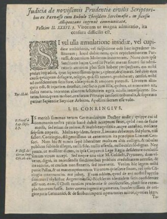 Iudicia de novißimis Prudentiae civilis Scriptoribus ex Parnasso cum Eubulo Theosdato Sarckmasio, in secessu Albipontano ingenue communicata.