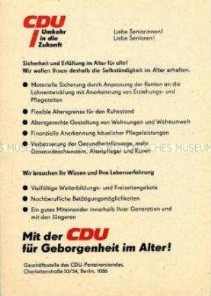 Wahlflugblatt des CDU-Parteivorstandes Berlin mit dem Schwerpunktthema der Altenpolitik