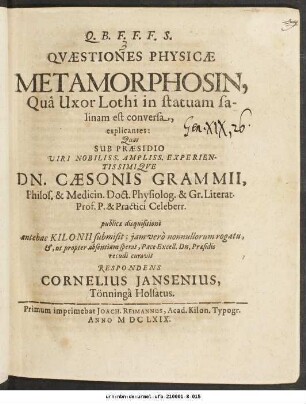 Quaestiones Physicae Metamorphosin, Qua Uxor Lothi in statuam salinam est conversa, explicantes