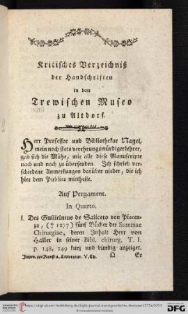 I. Kritisches Verzeichniß der Handschriften in dem Trewischen Museo zu Altdorf