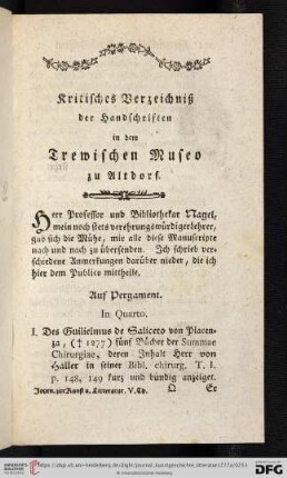 I. Kritisches Verzeichniß der Handschriften in dem Trewischen Museo zu Altdorf