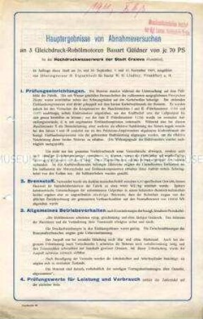 Hauptergebnisse von Abnahmeversuchen an 3 Gleichdruck-Rohölmotoren Bauart Güldner von je 70 PS für das Hochdruckwasserwerk der Stadt Cralova (Rumänien).