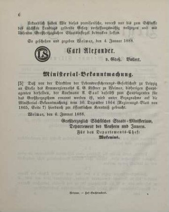 5. Ministerial-Bekanntmachung, den Wechsel in der Hauptagentur der Lebensversicherungs-Gesellschaft zu Leipzig betreffend