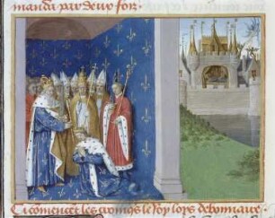 Grandes Chroniques de France — Karl der Große läßt in Rom seinen Sohn Ludwig den Frommen durch Papst Hadrian I. krönen, Folio 119 verso