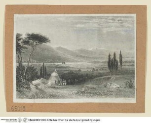 Landschaft mit antiken Fragmenten und orientalischen Figuren vor einem Zelt