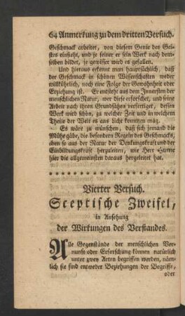 Vierter Versuch. Sceptische Zweifel, in Ansehung der Wirkungen des Verstandes