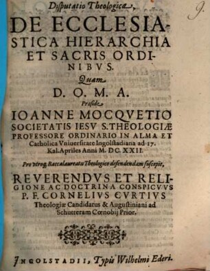 Disputatio theologica de ecclesiastica hierarchia et sacris ordinibus