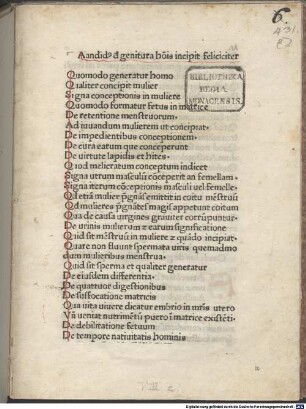 De genitura hominis : mit Widmungsbrief an Petrus de Nigionibus von Angelus Tiphernas