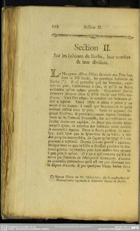 Section II. Sur les habitans de Berlin, leur nombre & leur division