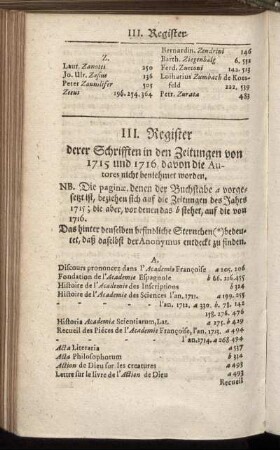 III. Register derer Schrifften in den Zeitungen von 1715 und 1716, davon die Autores nicht beniehmet worden.