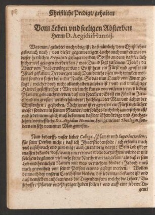 Vom Leben und seeligen Absterben Herrn D. Aegidii Hunnii.