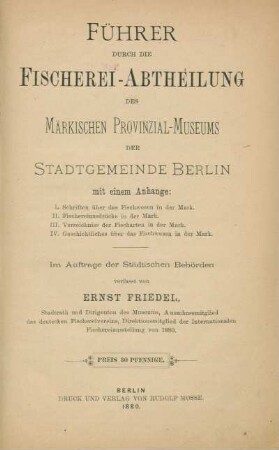 Führer durch die Fischerei - Abtheilung des Märkischen Provinzial-Museums der Stadtgemeinde Berlin