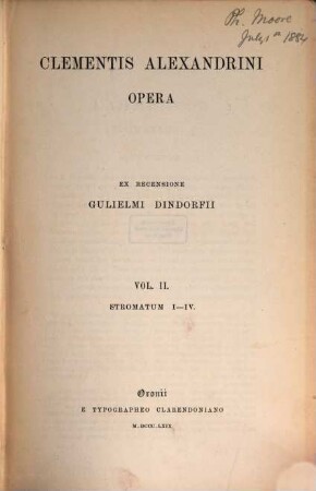 Clementis Alexandrini Opera. 2, Stromatum I - IV