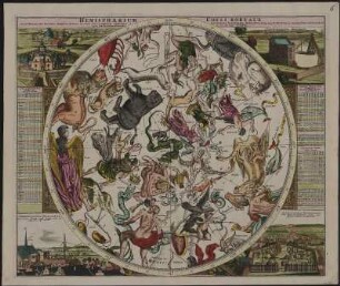 Karte des nördlichen Sternenhimmels mit Tierkreiszeichen und Sternwarten, Kupferstich, 1742 : Hemisphaerium Coeli Boreale : in quo Fixarum loca secundum Eclipticae ductum ad annum 1730 completum exhibentur / à Ioh. Gabriele Doppelmaiero. Operâ Ioh. Baptistae Homanni. - Norimbergae , [1742]. - 1 Kt. : color. Kupferst. ; Bildgr. 59 x 49 cm