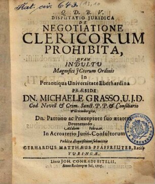 Disputatio Juridica De Negotiatione Clericorum Prohibita